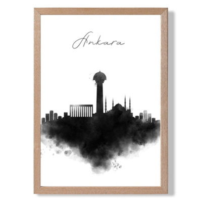 Ankara Watercolour Skyline City Framed Print SIZE: A3 with Oak Frame