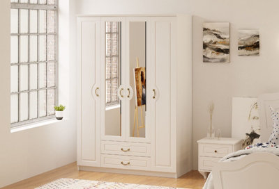ANNE 4 Door 2 Drawer Mirrored White Wardrobe