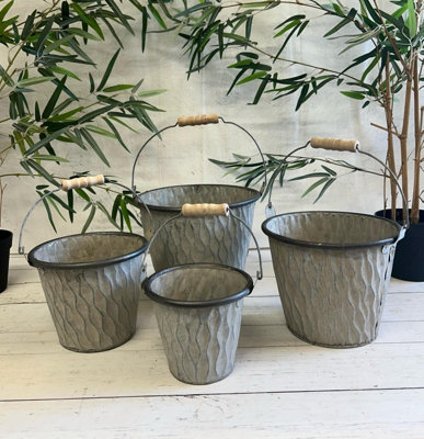 Annibells 4 Galvanised Metal Grey Bucket Planters with Wood Handle (2062)