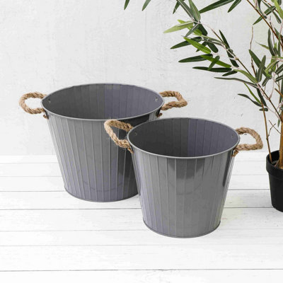 Annibells Grey Gloss Ribbed Metal Bucket Planters (4384) - Large