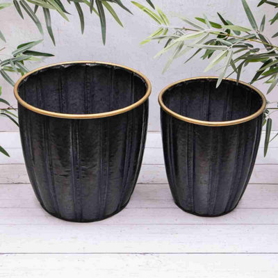 Annibells Large Blue Ribbed Flower Pots with Gold Rim (12437) - Set of 2 Sizes