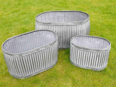 Annibells Large Galvanised Oval Ribbed Metal Planters (1722) - Set of 3