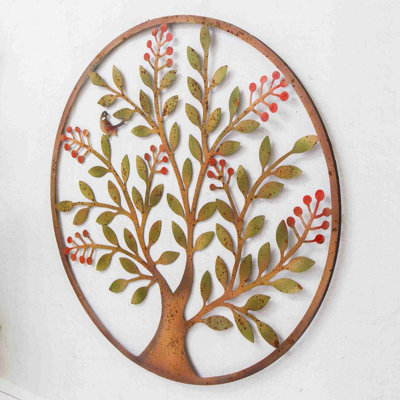 Annibells Large Rustic Berry Tree Metal Round Wall Art Garden Sculpture ...