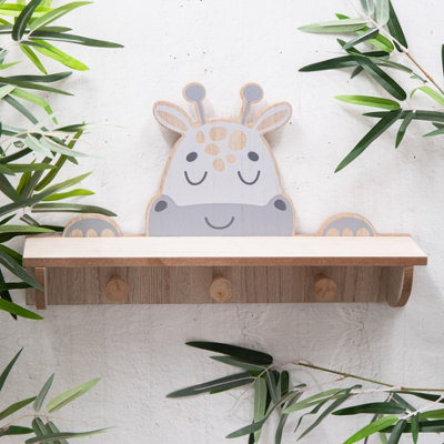 Annibells Lion or Giraffe Wooden Floating Shelf with Hooks (10635) - Giraffe
