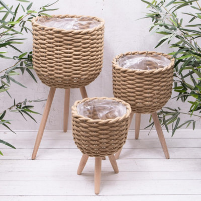 Annibells Natural Rope Woven Flower Pots with Wooden Legs (14538) - Set ...