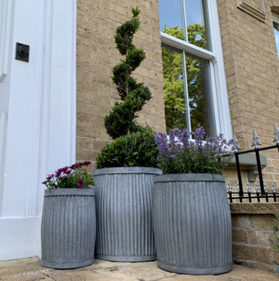 Annibells Round Galvanised Metal Ribbed Planters (did) (1618) - Set of 3