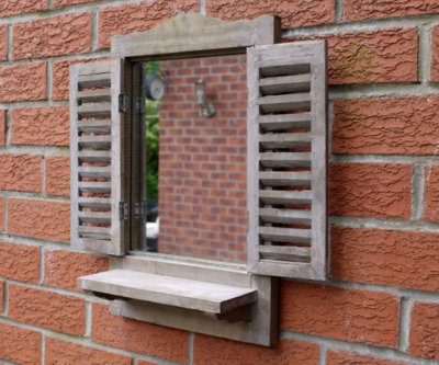 Annibells Wooden Wall Mirror Window Shutter with Shelf (1663)