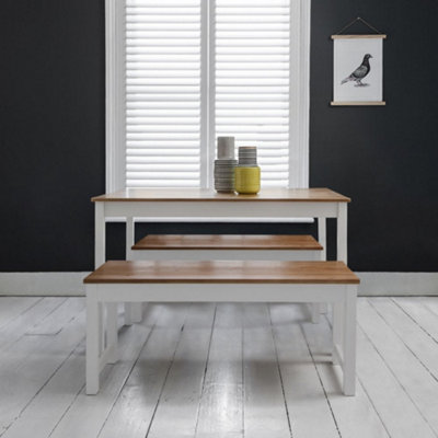 Annika Dining Table with 2 Benches Dining Set in Natural Pine & White