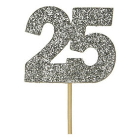 Anniversary House Glitter 25th Anniversary Cake Topper (Pack of 12) Silver (One Size)