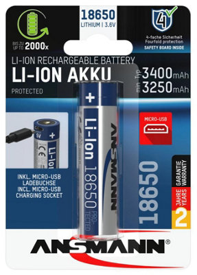ANSMANN - 3.6V 3400mAh 18650 Li-Ion Battery   with Micro USB Charging