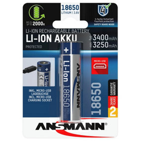 ANSMANN - 3.6V 3400mAh 18650 Li-Ion Battery   with Micro USB Charging