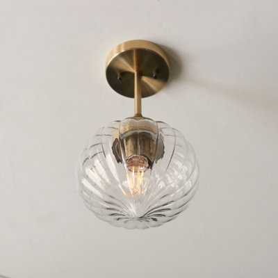 Anson Lighting Carrington Semi Flush light finished in Antique brass plate and clear ribbed glass