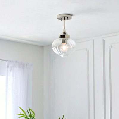 Anson Lighting Carrington Semi Flush light finished in Bright nickel plate and clear ribbed glass