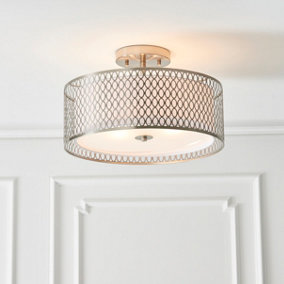 Anson Lighting Cuba 3lt Flush light finished in Satin nickel plate, white fabric and frosted glass