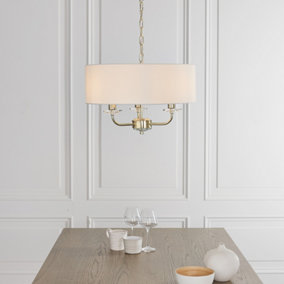 Anson Lighting Eureka 3lt Pendant light finished in Brass plate and vintage white fabric