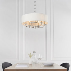 Anson Lighting Eureka 6lt Pendant light finished in Bright nickel plate and vintage white fabric