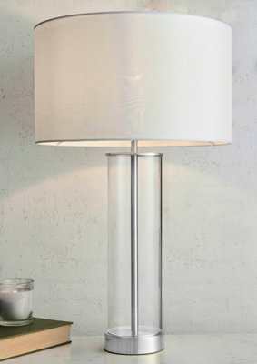 Anson Lighting Seeley Table light finished in Bright nickel plate, clear glass and vintage white fabric