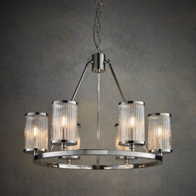 Anson Lighting Tampa 6lt Pendant light finished in Bright nickel plate and ribbed bubble glass