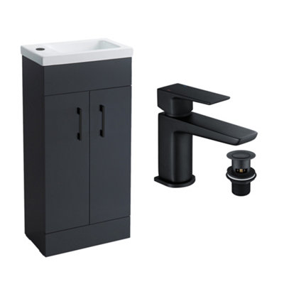 Anthracite Grey 400 Vanity Basin Sink Unit & Black Curve Basin Tap & Handles