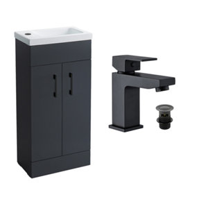 Anthracite Grey 400 Vanity Basin Sink Unit & Black Form Basin Tap & Handles
