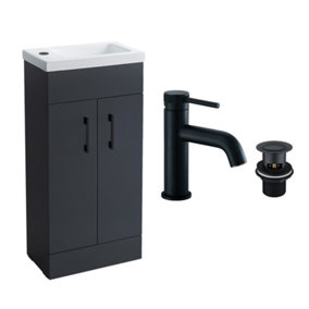 Anthracite Grey 400 Vanity Basin Sink Unit & Black Ravello Basin Tap & Handles