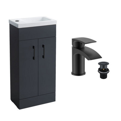 Anthracite Grey 400 Vanity Basin Sink Unit & Black Waterfall Basin Tap & Handles