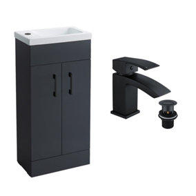 Anthracite Grey 400 Vanity Basin Sink Unit & Black Waterfall Basin Tap & Handles