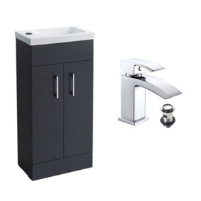 Anthracite Grey 400 Vanity Basin Sink Unit & Chrome Waterfall Tap & Handles
