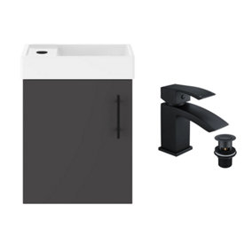 Anthracite Grey 400 Wall Hung Basin Sink Vanity Unit & Matt Black Lucia Basin Tap & Handle