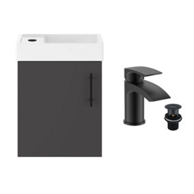 Anthracite Grey 400 Wall Hung Basin Sink Vanity Unit & Matt Black Sleek Basin Tap & Handle