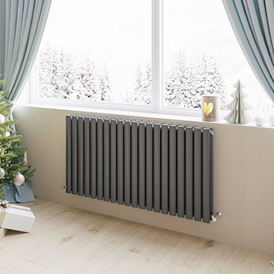 Anthracite Horizontal Double Oval Column Radiator (H)600mm (W)1180mm 7780 BTU Steel for Central Heating System