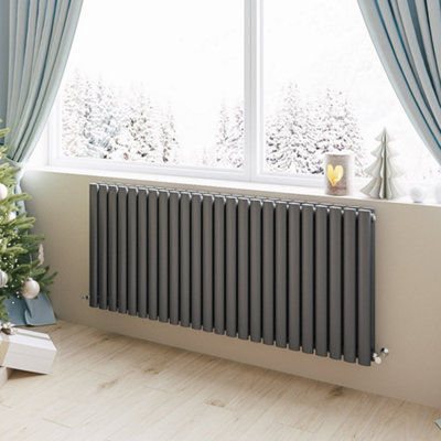Anthracite Horizontal Double Oval Column Radiator (H)600mm (W)1416mm 9332 BTU Steel for Central Heating System