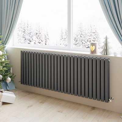 Anthracite Horizontal Double Oval Column Radiator (H)600mm (W)1593mm 10496 BTU Steel for Central Heating System