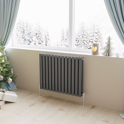 Anthracite Horizontal Double Oval Column Radiator (H)600mm (W)767mm 5064 BTU Steel Compatible for Central Heating System