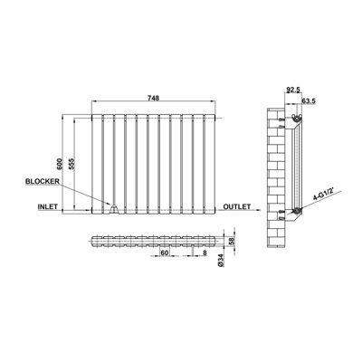 Anthracite Horizontal Double Pannel Radiator (H)600mm (W)748mm 3523 BTU Steel Compatible for Central Heating System
