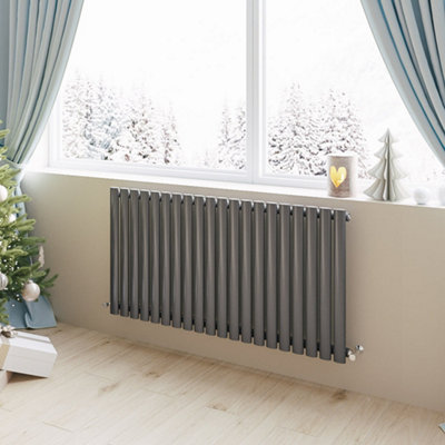 Anthracite Horizontal Single Oval Column Radiator (H)600mm (W)1180mm 4140 BTU Steel for Central Heating System