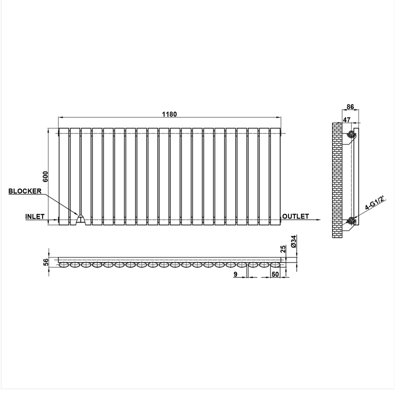 Anthracite Horizontal Single Oval Column Radiator (H)600mm (W)1180mm 4140 BTU Steel for Central Heating System