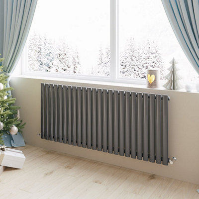 Anthracite Horizontal Single Oval Column Radiator (H)600mm (W)1416mm 4964 BTU Steel for Central Heating System
