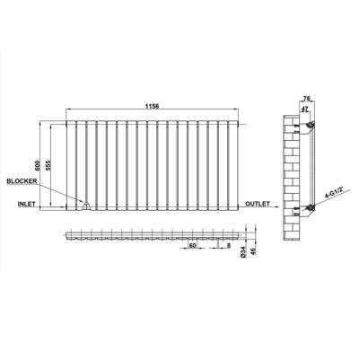 Anthracite Horizontal Single Pannel Radiator (H)600mm (W)1156mm 3521 BTU Steel Compatible for Central Heating System