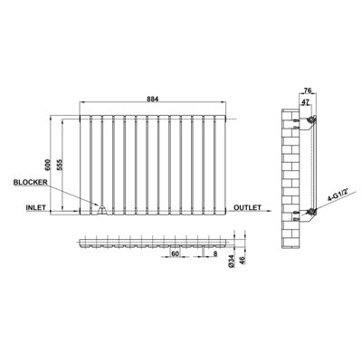 Anthracite Horizontal Single Pannel Radiator (H)600mm (W)884mm 2692 BTU Steel Compatible for Central Heating System