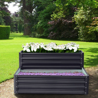 Anthracite Rectangular 2 Tiers Metal Galvanized Raised Planter Box Raised Bed Outdoor Raised Bed Kit Garden Raised Flower Bed