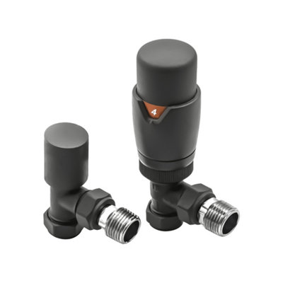 Anthracite Thermostatic Radiator Valve Angled - 15mm x R 1/2" With Lockshield