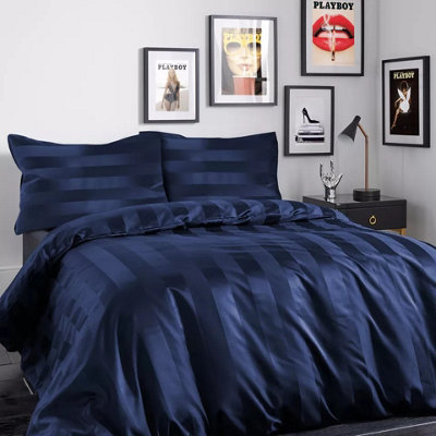 Anti Allergic Duvet Quilt Cover Reversible Satin Stripe Navy Blue 3-Piece Bedding Set Single Double King S.King Size Duvet Sets