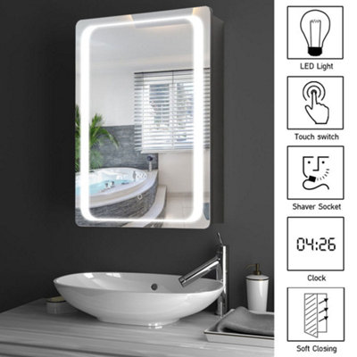 Anti Fog 1-Door LED Mirrored Bathroom Cabinet Touch Control Switch with Shaver Socket and Clock W 500mm x H 700mm