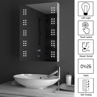 Anti Fog LED Illuminated Touch Control Mirrored Bathroom Cabinet with Shaver Socket and Clock W 500mm  x H 700mm