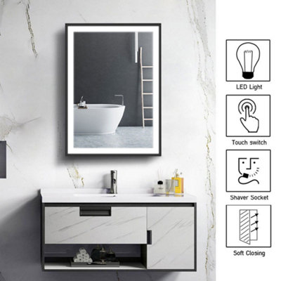 Anti Fog LED Illuminated Touch Sensor Mirrored Bathroom Cabinet with Shaver Socket W 500mm x H 700 mm