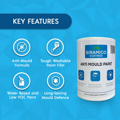 Anti Mould Paint - 1 Litre - Matt White - 10 Year Anti Mould Resistance - Quick Drying, Waterbased & No Odour