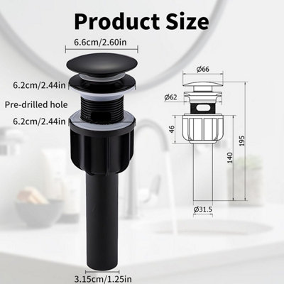 Anti-overflow drain for bathroom sink, black push-button anti-overflow ...
