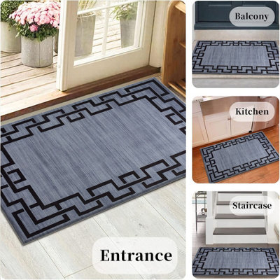 Greek Key Design Anti-Slip Door Mat – Washable Kitchen & Hall Runner In Black/Grey – Made In Turkey 14 thumbnail image