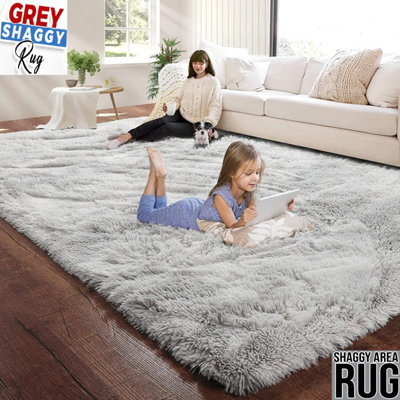 Anti Slip Soft Shaggy Fluffy Rugs Silver Grey Tye Dye Area Rug Lounge Living Room Bedroom Carpets